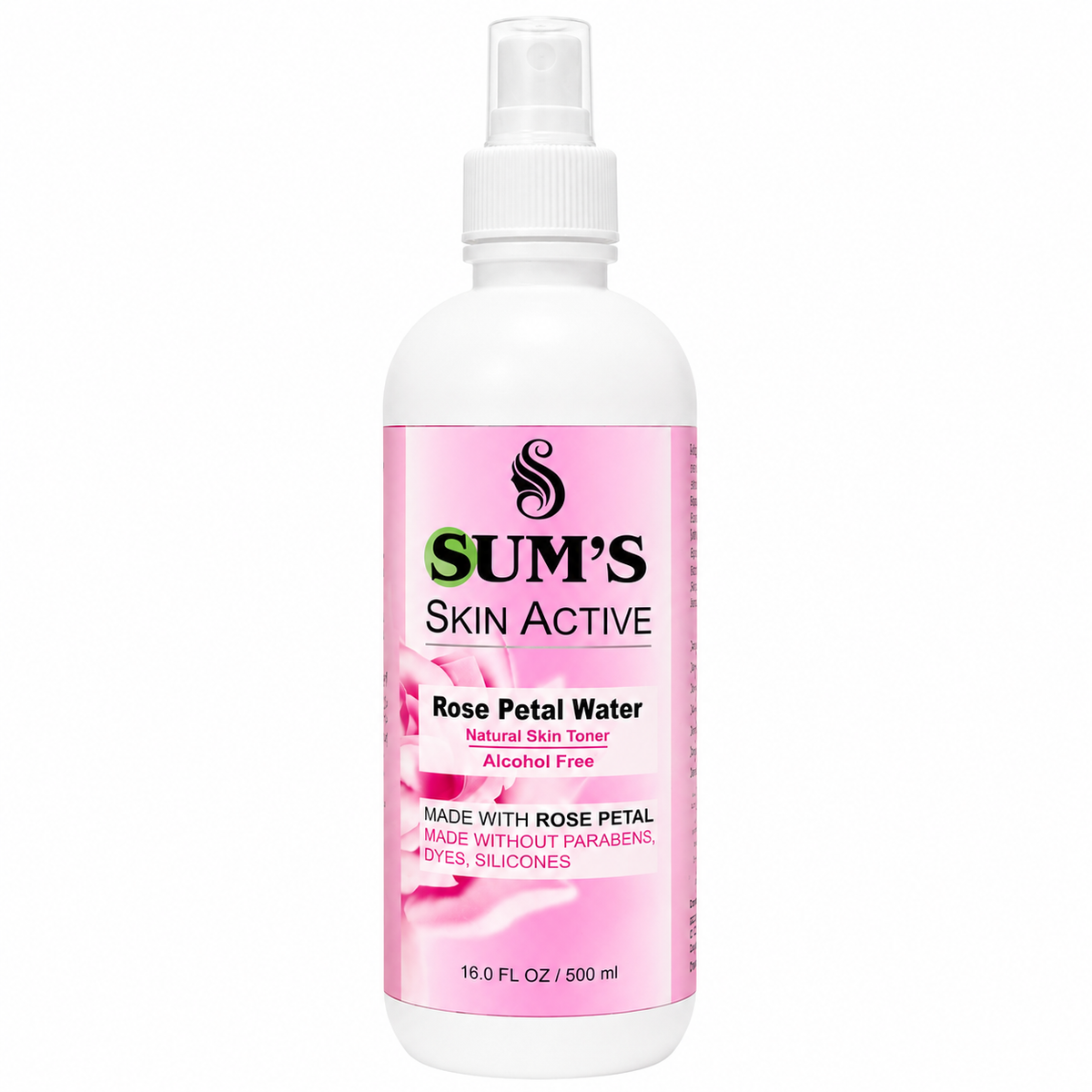 Sum's Skin Active Rose Petal Water Natural Skin Toner 500ml spray bottle on white background