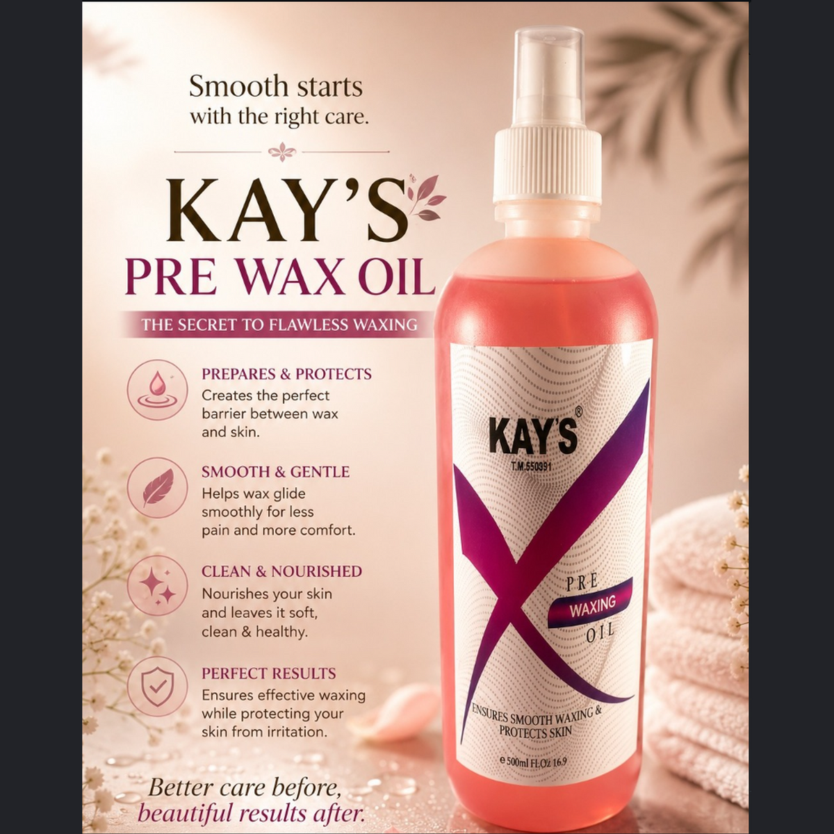 Kay's Pre Wax Oil for skin preparation before waxing treatment